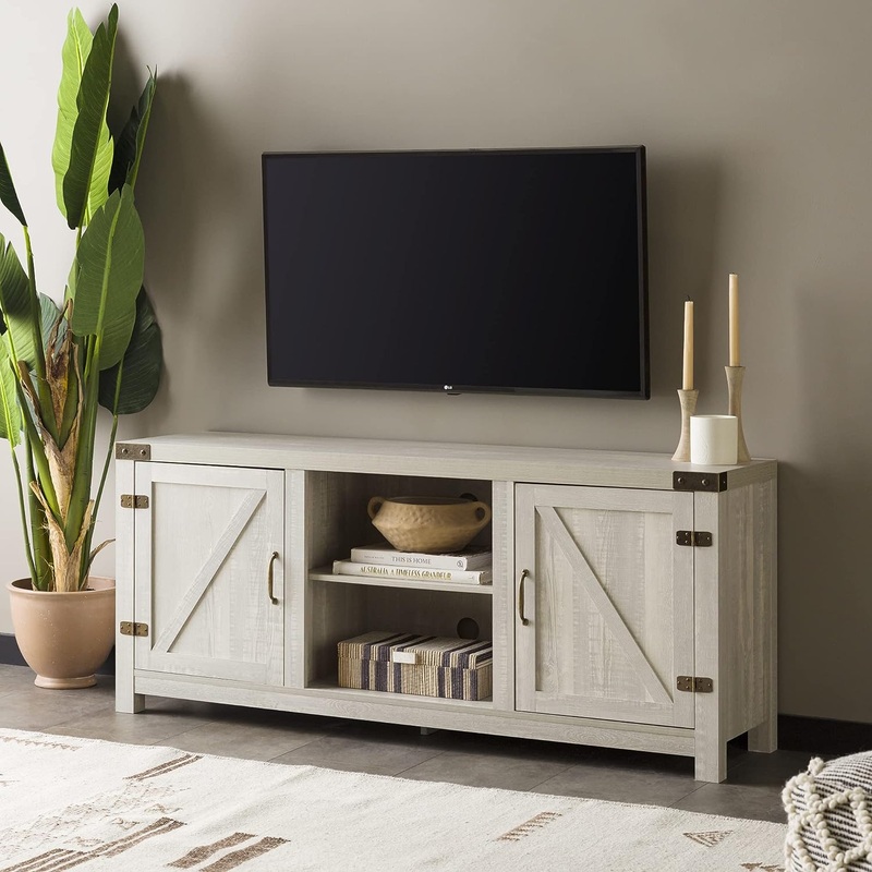 Walker Edison Georgetown Modern Farmhouse Double Barn Door TV Stand for TVs up to 65 Inches, 58 Inch, Stone Grey | Bigbigmart.com