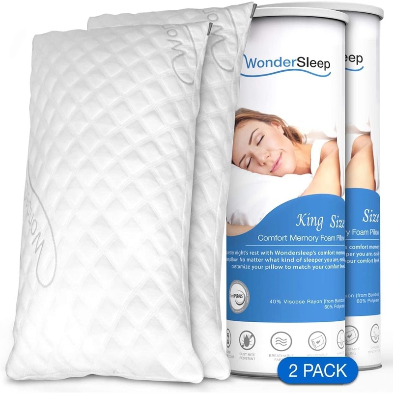 WonderSleep Premium Adjustable Loft [King Size 2-Pack] – Shredded Memory Foam Pillow for Home & Hotel Collection + Washable Removable Cooling Bamboo Derived Rayon Cover – 2 Pack King | Bigbigmart.com