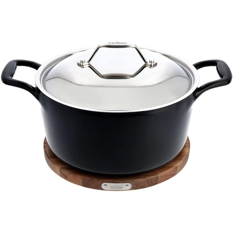 All-Clad Cast Iron Deep Skillet with Acacia Trivet 10 Inch Induction Oven Broil Safe 650F Pots and Pans, Cookware Black | Bigbigmart.com