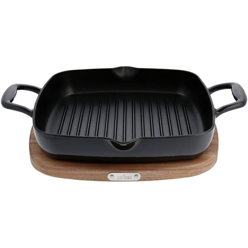 All-Clad Cast Iron Square Griddle with Acacia Trivet 11 Inch Induction Oven Broil Safe 650F Pots and Pans, Cookware Black | Bigbigmart.com