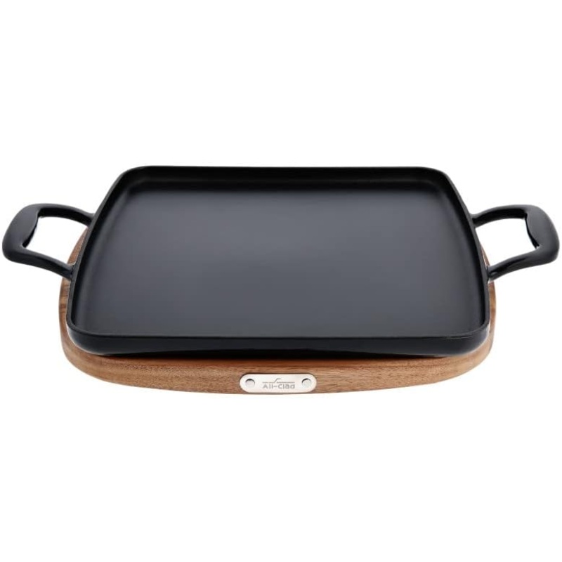 All-Clad Cast Iron Square Grill with Acacia Trivet 11 Inch Induction Oven Broil Safe 650F Pots and Pans, Cookware Black | Bigbigmart.com