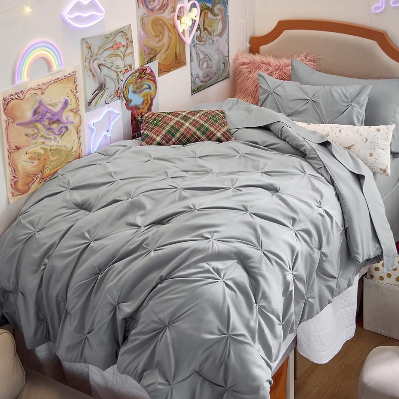 Bedsure Twin Comforter Set with Sheets – 5 Pieces Twin Bedding Sets, Pinch Pleat Grey Twin Bed in a Bag with Comforter