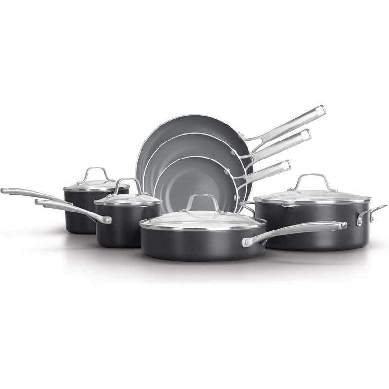 Calphalon 11-Piece Pots and Pans Set, Oil-Infused Ceramic Cookware with Stay-Cool Handles, PTFE- and PFOA-Free, Dark Grey | Bigbigmart.com