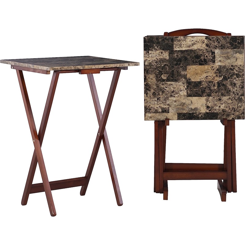 Linon Home Decor Tray Table Set, Faux Marble, Brown | Bigbigmart.com
