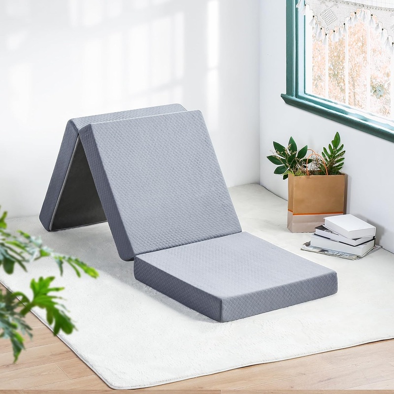 Olee Sleep Tri-Folding Memory Foam Topper, 4 inch, Grey, Narrow Twin, Play Mat, Foldable bed, Guest bed, Portable bed | Bigbigmart.com