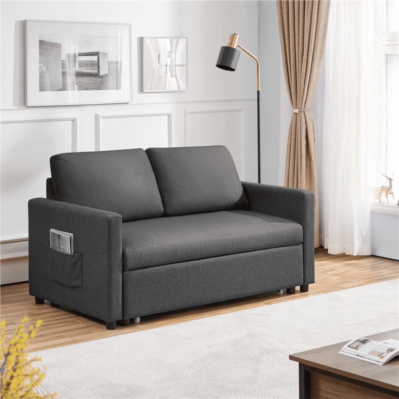 Alden Design Linen Loveseat Sofa with Pull-Out Trundle Bed, Dark Gray | Bigbigmart.com