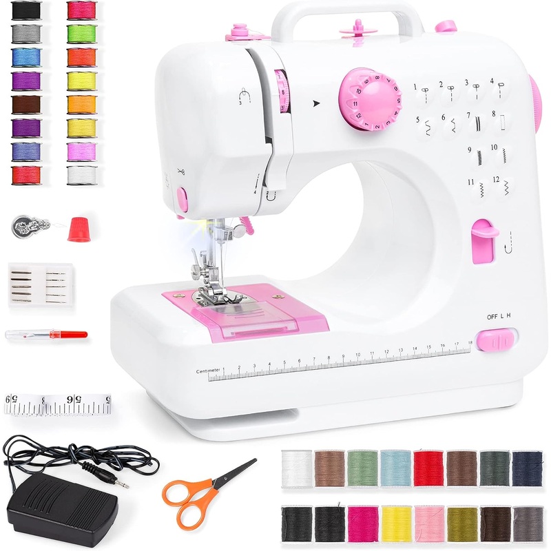 Best Choice Products Compact Sewing Machine, 42-Piece Beginners Kit, Multifunctional Portable 6V Beginner Sewing Machine w/ 12 Stitch Patterns, Light, Foot Pedal, Storage Drawer – Pink/White | Bigbigmart.com