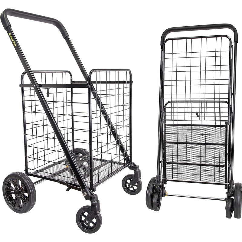 dbest products Cruiser Cart Deluxe 2 Shopping Grocery Rolling Folding Laundry Basket on Wheels Foldable Utility Trolley Compact Lightweight Collapsible, Black | Bigbigmart.com