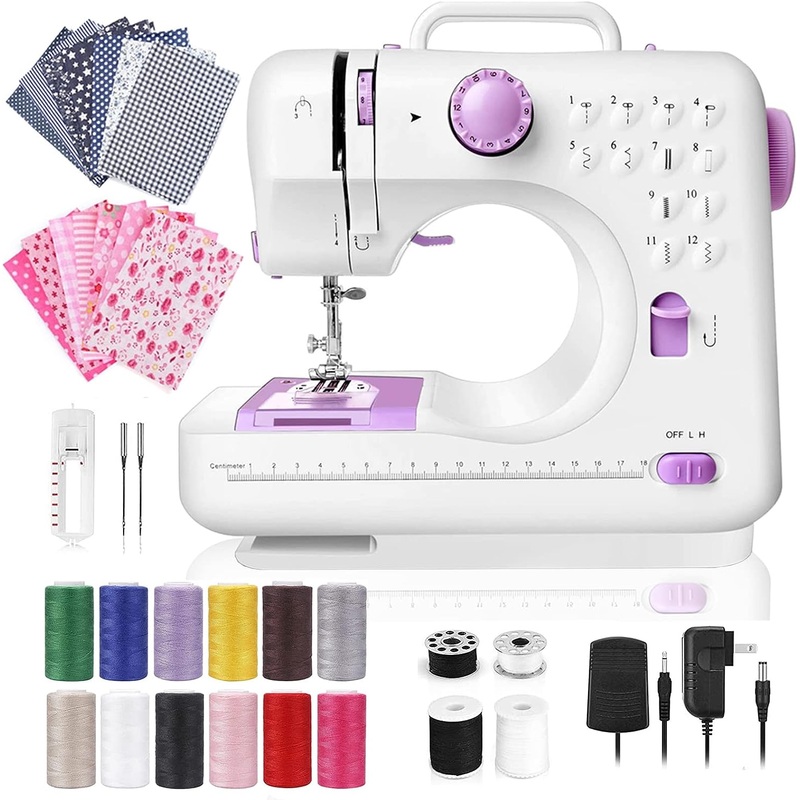 Dechow Sewing Machine for Beginners, Electric Mini Portable, 12 Built-in Stitches with Reverse Sewing, 2 Speeds Double Thread with Foot Pedal, Floral Cotton Fabric and Sewing Threads Set(Purple) | Bigbigmart.com