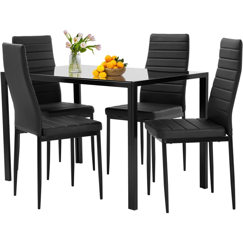 FDW Dining Table Set Glass Dining Room Table Set for Small Spaces Kitchen Table and Chairs for 4 Table with Chairs Home Furniture Rectangular Modern (Black Glass) | Bigbigmart.com