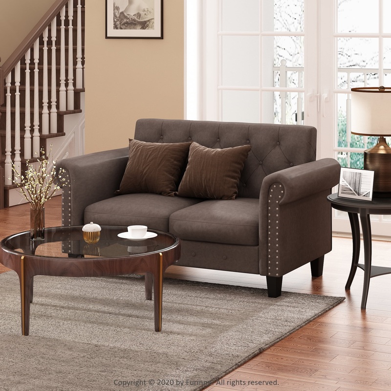 Furinno Bastia Vintage Button Tufted Loveseat, Brown Faux Leather | Bigbigmart.com