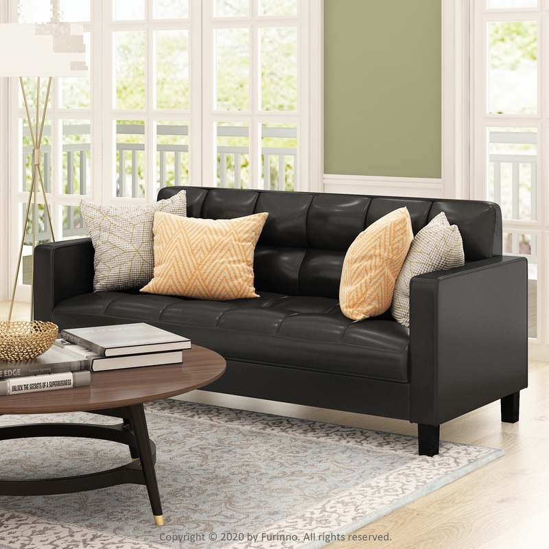 Furinno Brive Contemporary Tufted 3-Seater Sofa, Black Faux Leather | Bigbigmart.com