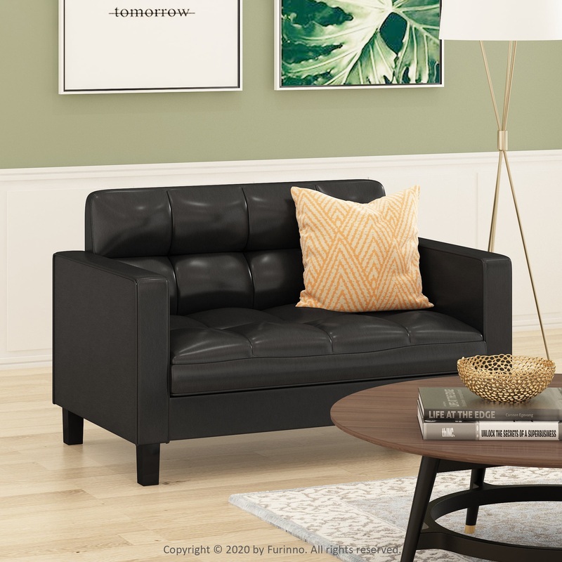 Furinno Brive Contemporary Tufted Loveseat, Black Faux Leather | Bigbigmart.com