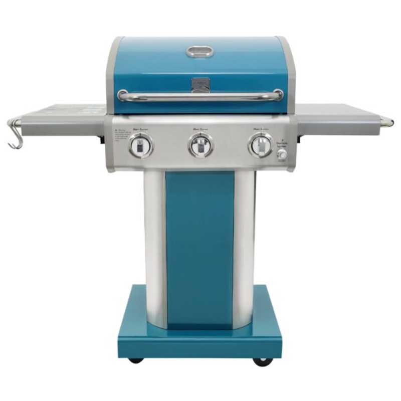 Kenmore 3-Burner Outdoor BBQ Propane Gas Grill with Foldable Sides, Teal Green | Bigbigmart.com