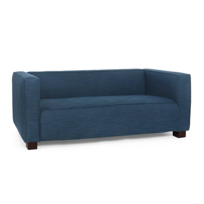 Noble House Bartram Indoor Fabric Upholstered Loveseat, Navy Blue and Dark Walnut | Bigbigmart.com
