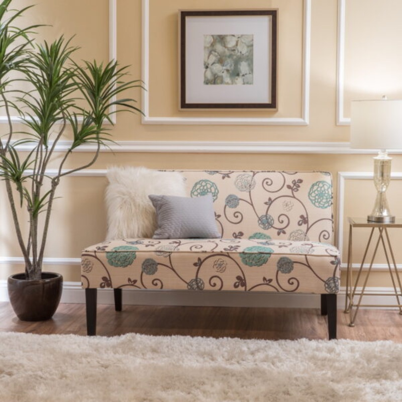 Noble House Darnell White and Blue Floral Fabric Armless Love Seat | Bigbigmart.com