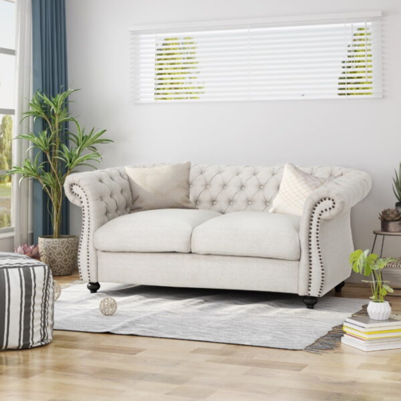 Noble House Ember Interiors Aaniya Fabric Chesterfield Loveseat Sofa, Beige | Bigbigmart.com