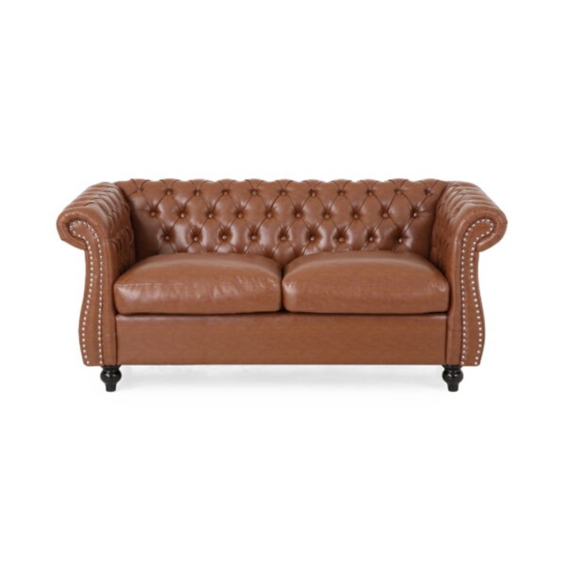 Noble House Magnus Indoor Traditional Chesterfield Faux Leather Loveseat, Cognac Brown | Bigbigmart.com