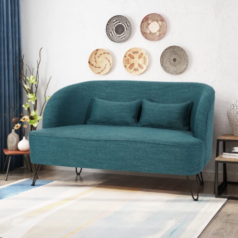 Noble House Milan Modern Fabric Loveseat with Hairpin Legs, Teal | Bigbigmart.com
