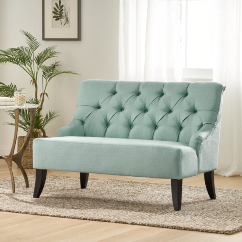 Noble House Nicholas 30.50 inch Contemporary Tufted Fabric Settee, Light Mint Blue | Bigbigmart.com