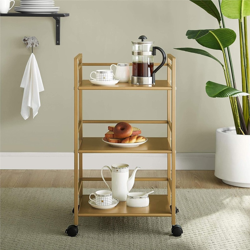 Novogratz Helix 3 Shelf Metal Rolling Utility Cart, Gold | Bigbigmart.com