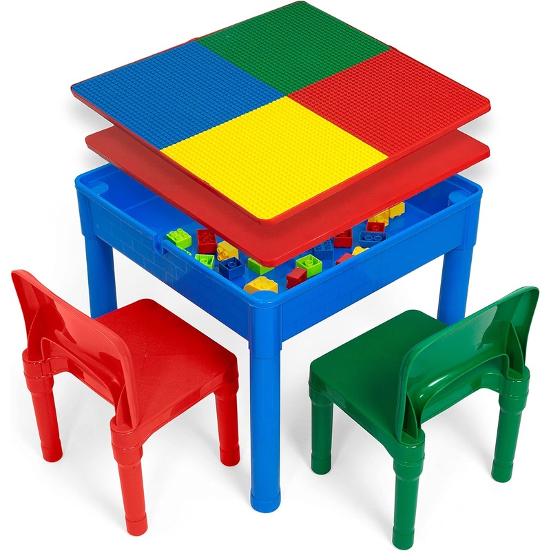 Play Platoon 5 in 1 Kids Activity Table and Chair Set- Stem Table for Toddlers with Water Table, Building Block Table, Craft & Sensory Table for Toddlers with 2 Chairs & 25 XL Blocks Primary Colors | Bigbigmart.com