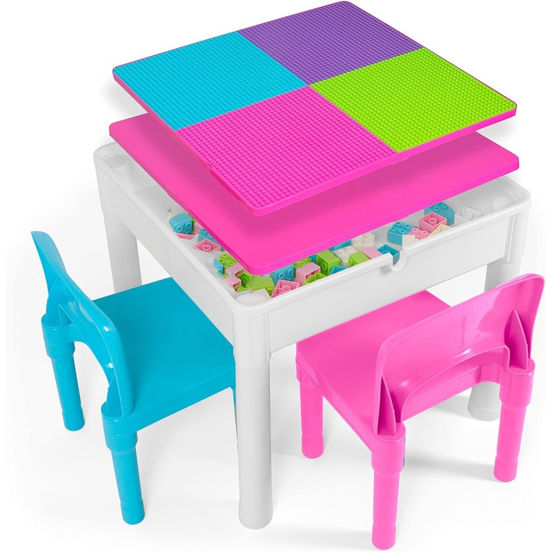 Play Platoon 5 in 1 Kids Sensory Activity Table and Chair Set- Toddler Table and Chairs with Water Table, Building Block Table, Craft & Sensory Table for Toddlers with 2 Chairs & 25 XL Blocks, Pastel | Bigbigmart.com