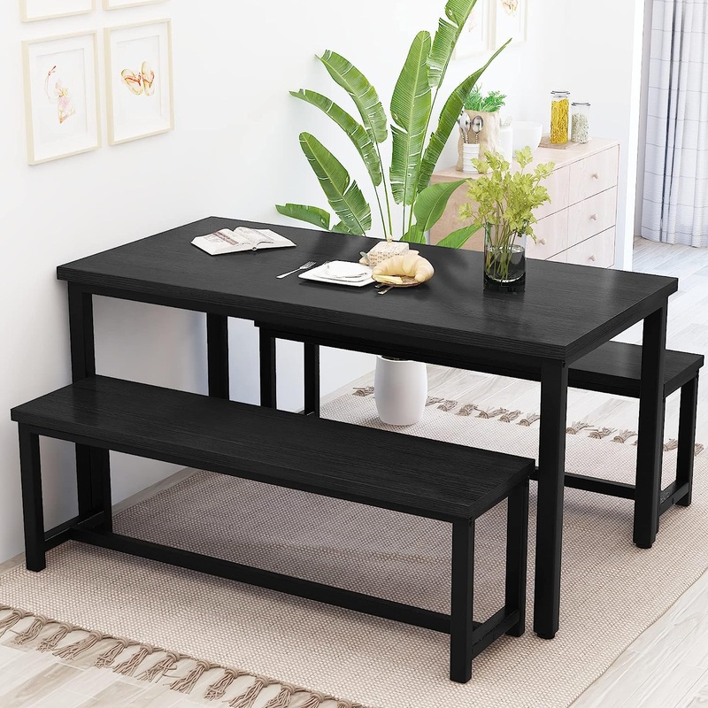 Recaceik 3 Piece Dining Table Set for 4, 43.3” Kitchen Table Set with 2 Benches, Space Saving Dinette with Chairs Metal Frame & MDF Board Dining Room Table for Kitchen, Breakfast Nook, Black | Bigbigmart.com