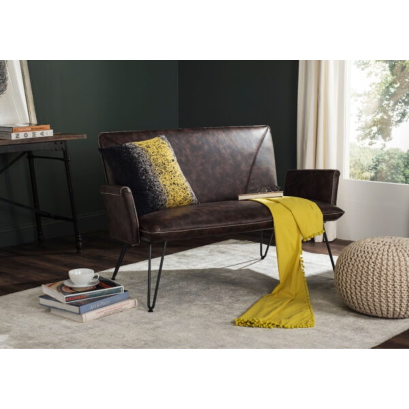 Safavieh Johannes Mid-Century Retro Modern Leather Settee, Antique Brown/Black | Bigbigmart.com
