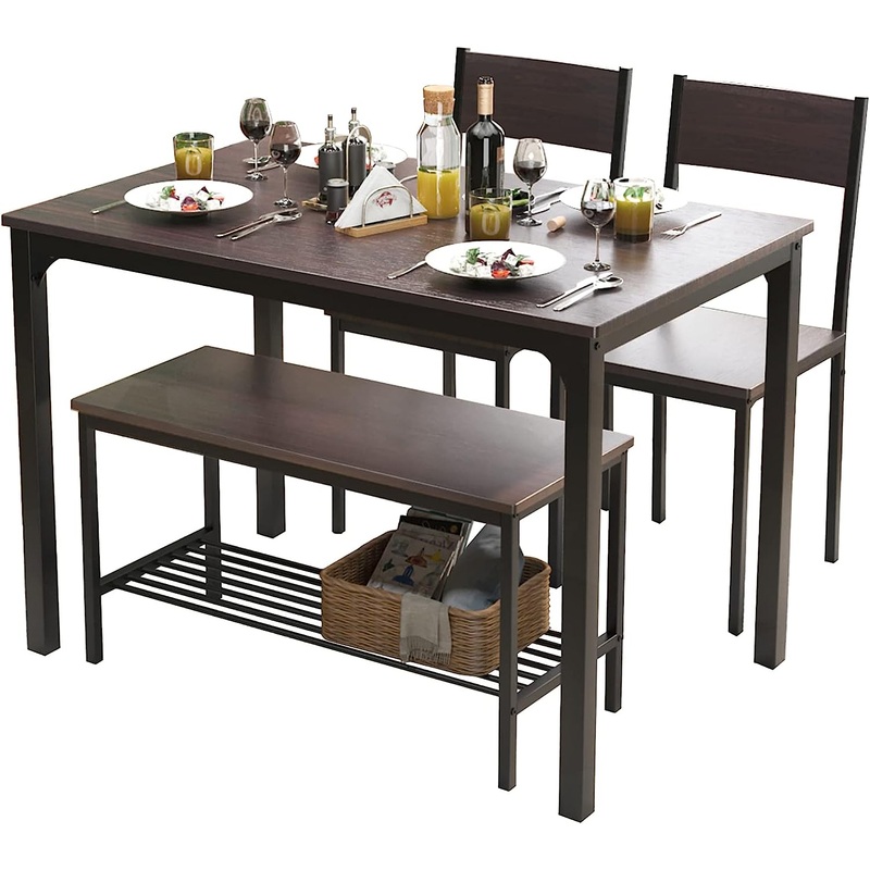 soges 4 Person Dining Table Set,43.3 inch Kitchen Table Set for 4,2 Chairs with Backrest,2-Person Bench with Storage Rack,Nesting Furniture Set for Dining Room and Restaurant, Rustic Oak | Bigbigmart.com