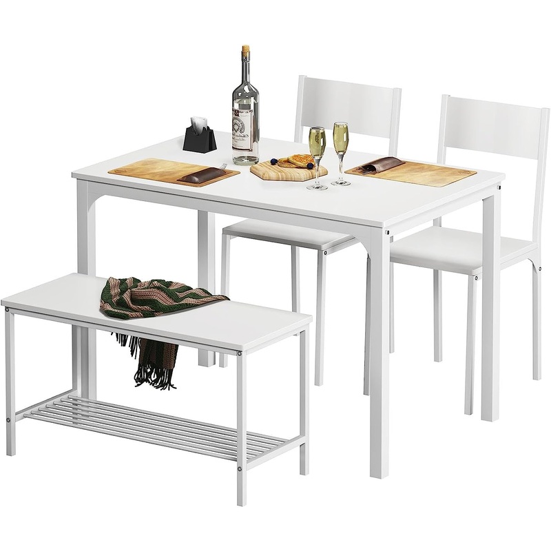 soges 4 Person Dining Table Set,43.3 inch Kitchen Table Set for 4,2 Chairs with Backrest,2-Person Bench with Storage, White Rack