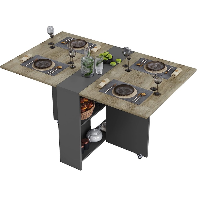 Tiptiper Folding Dining Table with 2 Storage Racks, Drop Leaf, 6 Wheels, Multifunction Expandable Table for Kitchen, Bedroom, Living Room | Bigbigmart.com