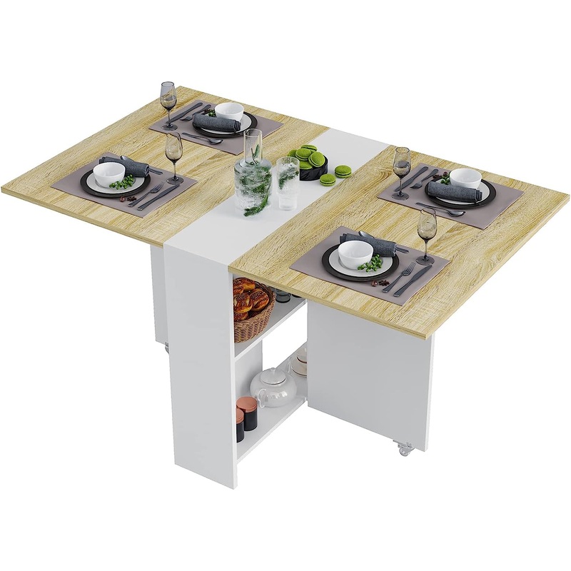 Tiptiper Folding Dining, Versatile Dinner Table with 6 Wheels and 2 Storage Racks, Space Saving Kitchen, Dining Room Table, 31.5 in x 51.2 in x 28.4 in, Pear Wood Color and White | Bigbigmart.com