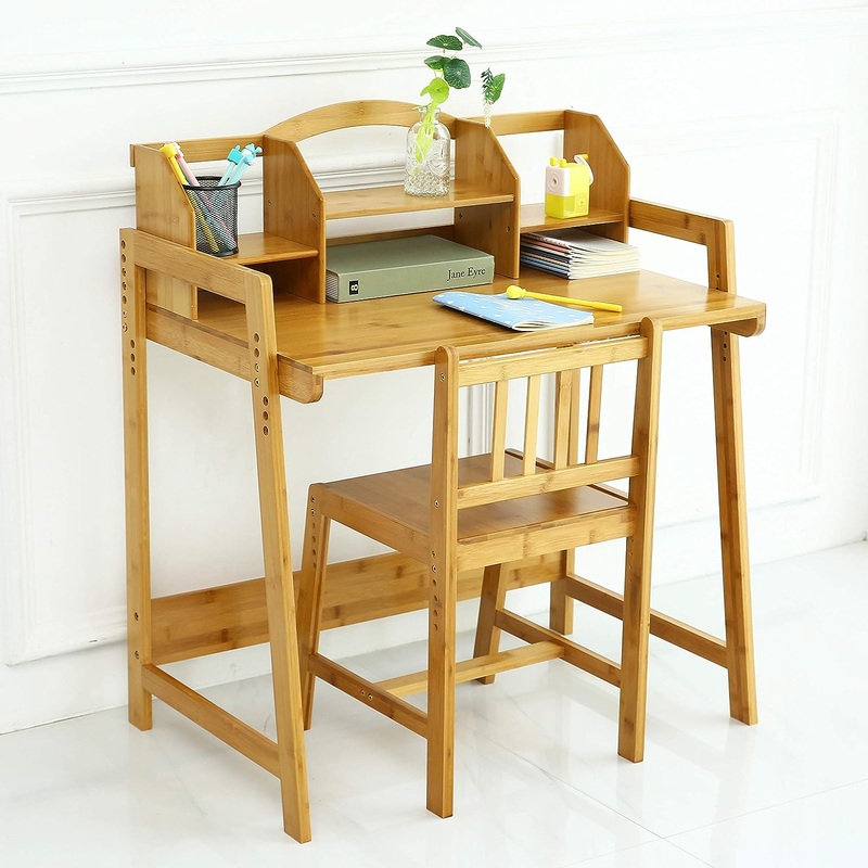 UNICOO – Bamboo Height Adjustable Kids Desk and Chair Set, Children Desk, Study Table and Chair Set (Nature -01) | Bigbigmart.com