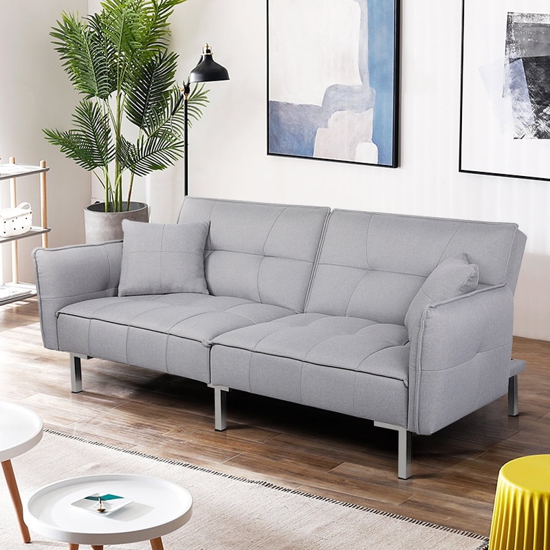 Alden Design Fabric Covered Futon Sofa Bed with Adjustable Backrest, Gray | Bigbigmart.com