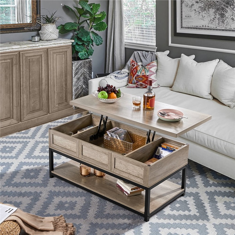Alden Design Wooden Lift Top Coffee Table with Storage Shelf, Rustic Gray | Bigbigmart.com