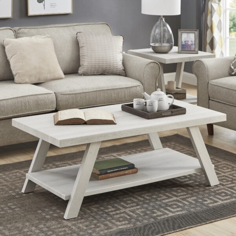 Athens Contemporary Wood Shelf Coffee Table, White | Bigbigmart.com