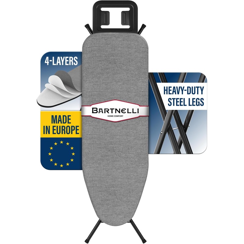 Bartnelli Ironing Board Made in Europe | Iron Board with 4 Layered Cover & Pad, Height Adjustable up to 36 Features A Safety Iron Rest, 4 Steel Legs, for Home Laundry Room or Dorm Use (43×14) | Bigbigmart.com