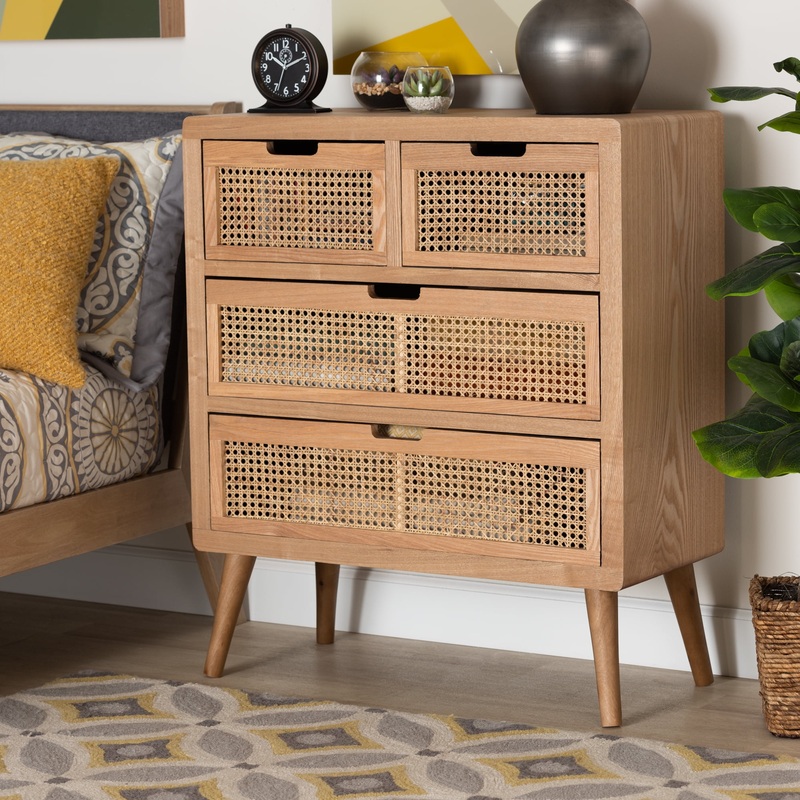 Baxton Studio Alina Mid-Century Modern Medium Oak Finished Wood and Rattan 4-Drawer Accent Chest | Bigbigmart.com