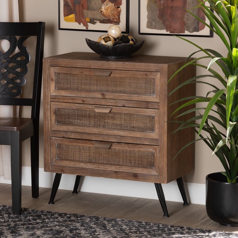 Baxton Studio Calida Mid-Century Modern Whitewashed Natural Brown Finished Wood and Rattan 3-Drawer Storage Cabinet | Bigbigmart.com