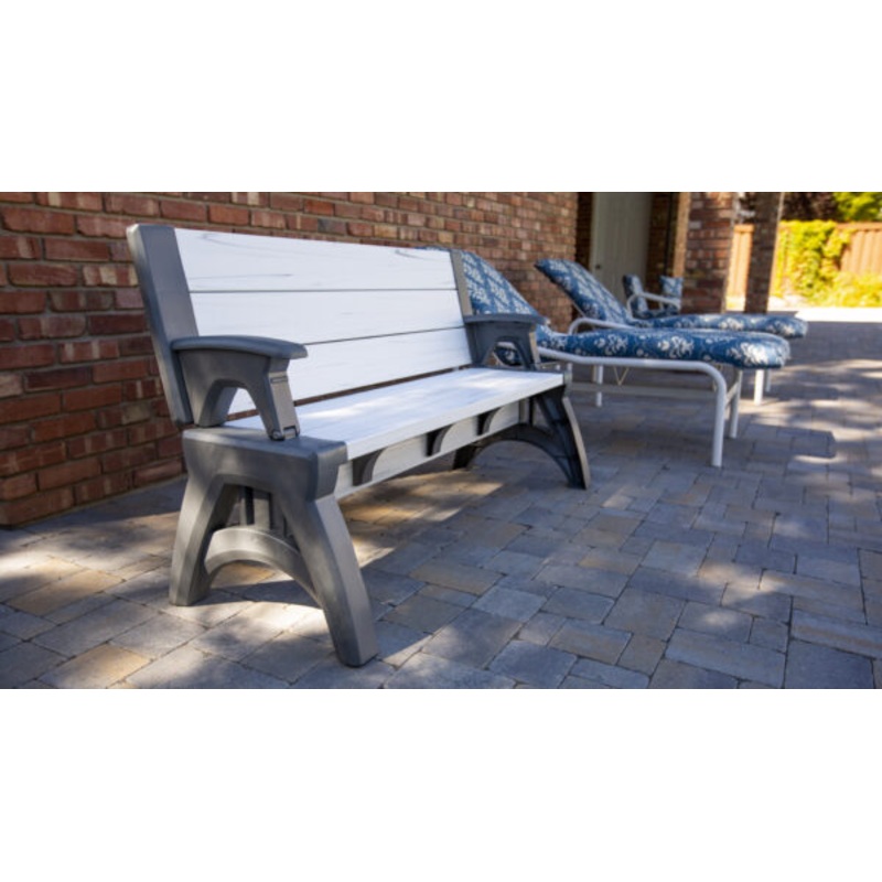 Convert a Bench 60 Outdoor / Vinyl Patio Bench Picnic Table, Platinum White Birch, Generation II | Bigbigmart.com