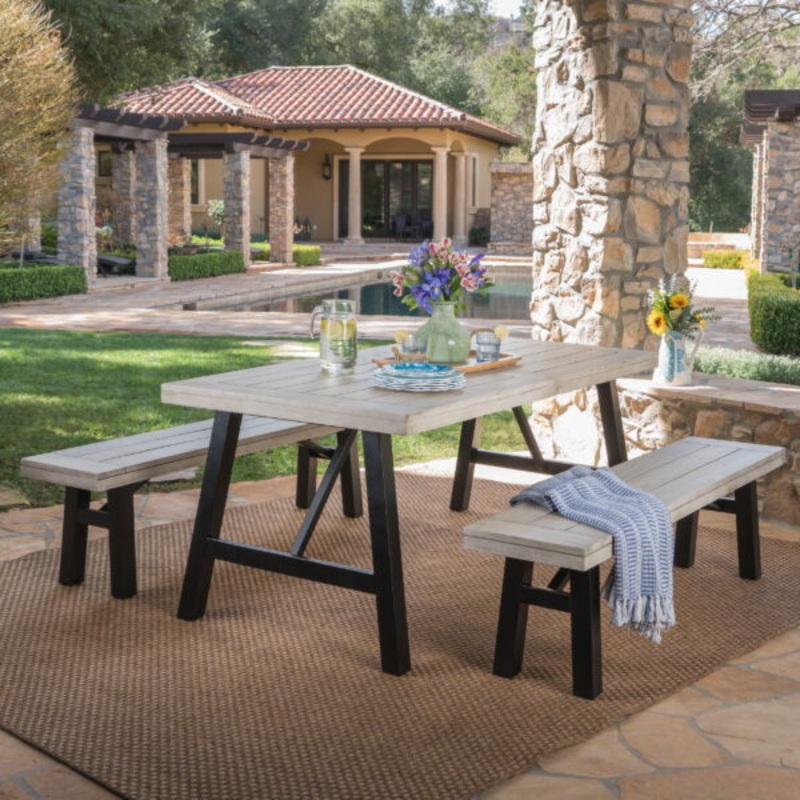 Dylan Outdoor 3 Piece Acacia Wood Picnic Set, Light Grey Wash, Black | Bigbigmart.com