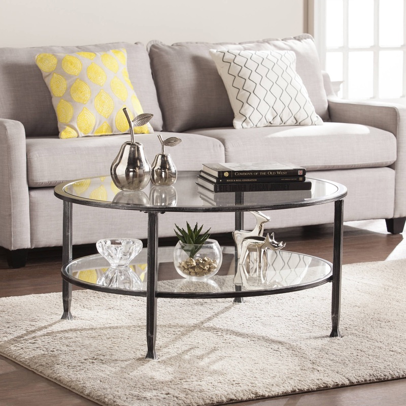 Jumpluff Metal/Glass Round Coffee Table, Black | Bigbigmart.com