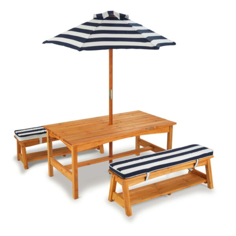 KidKraft Outdoor Wooden Table & Bench with Cushions and Umbrella, Navy, For Ages 3+ | Bigbigmart.com