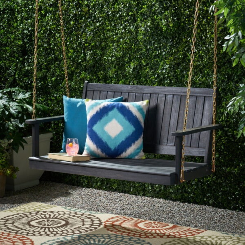 Maximo Outdoor Aacia Wood Porch Swing, Dark Gray | Bigbigmart.com