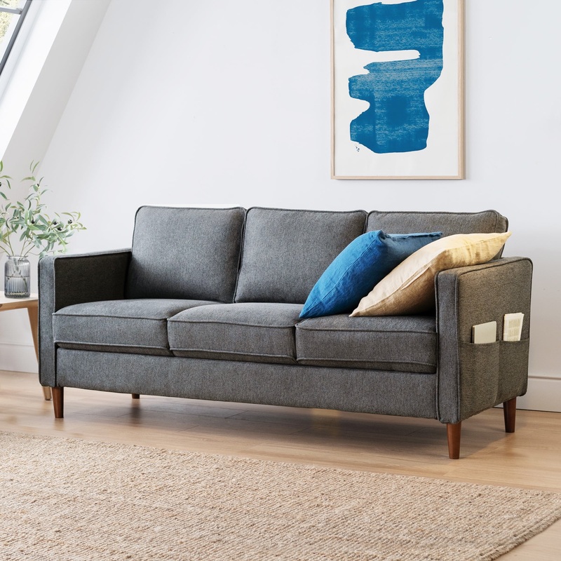 Mellow Hana Modern Upholstered Linen Fabric Sofa with Armrest Pockets, Dark Heather Grey | Bigbigmart.com