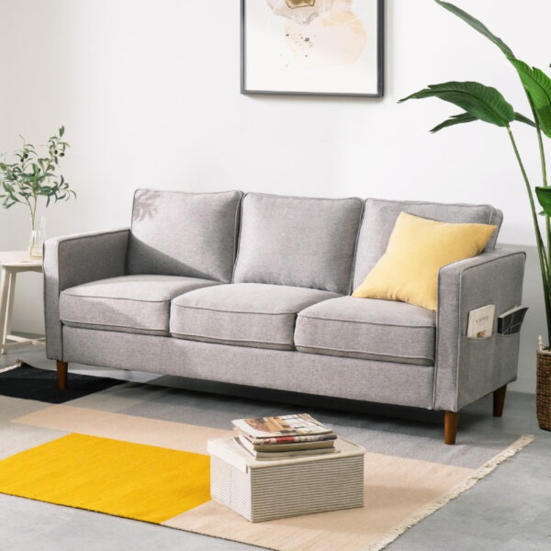 Mellow Hana Modern Upholstered Linen Fabric Sofa with Armrest Pockets, Heather Grey | Bigbigmart.com