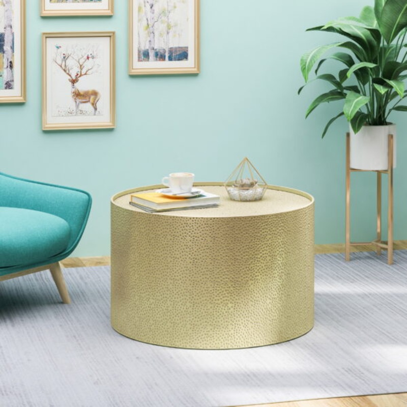 Noble House Corey Modern Hammered Iron Round Coffee Table, Gold | Bigbigmart.com