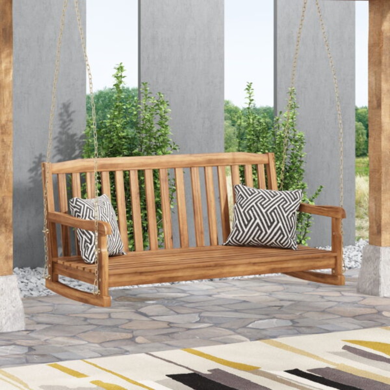 Pochelon Acacia Wood Outdoor Hanging Porch Swing, Teak | Bigbigmart.com