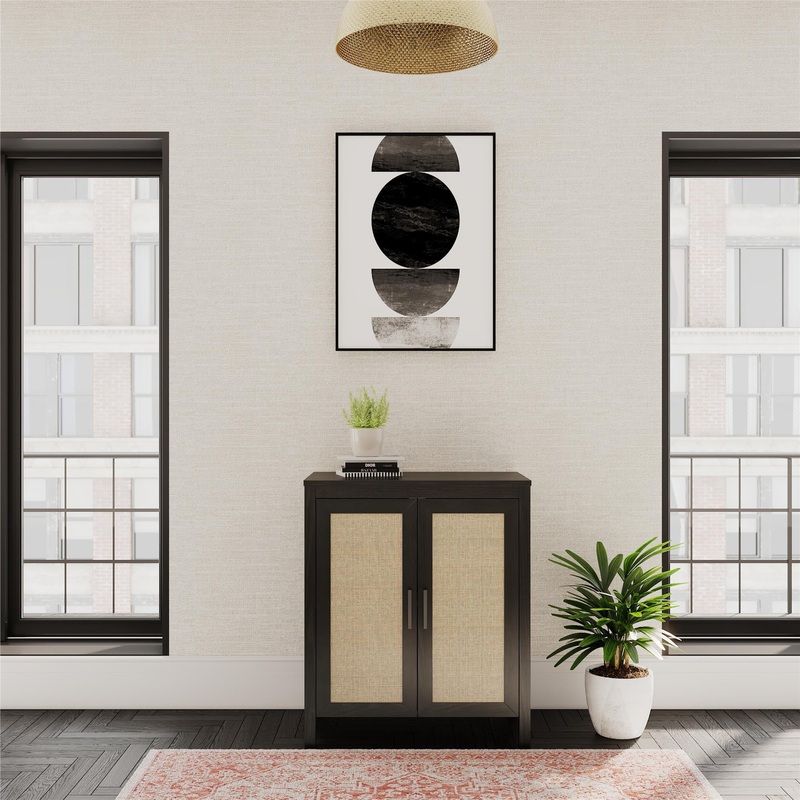 Queer Eye Wimberly 2 Door Accent Cabinet, Black Oak with Faux Rattan | Bigbigmart.com